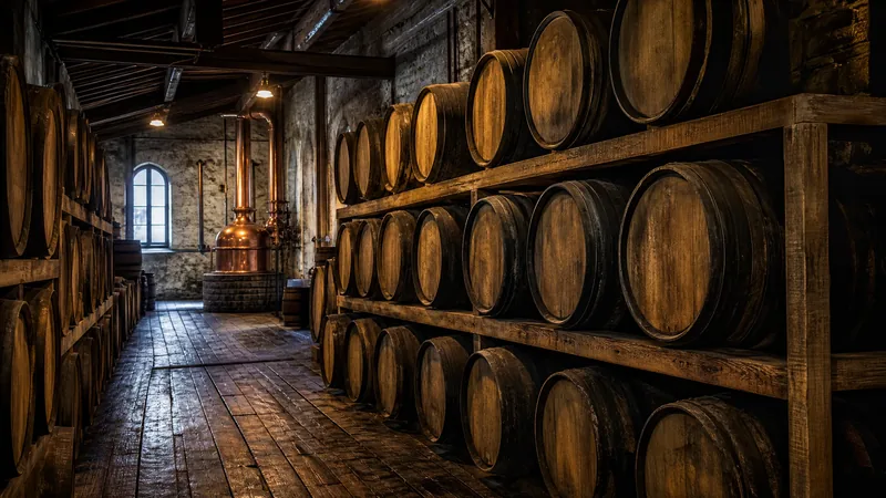 Dim barrel warehouse with rows of oak barrels stacked on wooden racks and a copper still glimpsed beyond, How to Start a Distillery in Kentucky