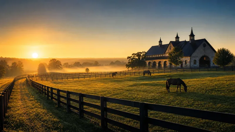 Thoroughbred horse farm with black plank fencing, green paddocks and a stone-trimmed barn in morning mist, How to Start a Horse Farm in Kentucky
