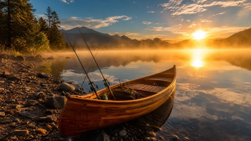 Wooden canoe with fishing rods on a misty lake shore at sunrise, How to Become a Fishing or Hunting Guide or Outfitter in Kentucky