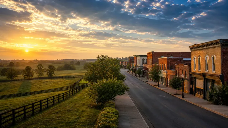 Small bluegrass city main street of brick buildings with rolling green pastures and black plank fencing at the edge of town, Lexington KY Business License