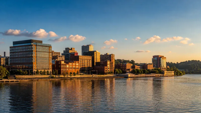 Ohio River city downtown of brick and glass buildings with a wide river and steel bridge-free bank beyond, soft morning light, Louisville Metro Business License