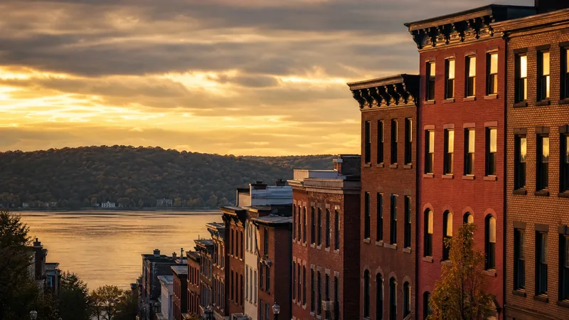 Riverfront river-city street of historic brick row buildings sloping toward a wide river with hills across the water, Northern Kentucky Business License