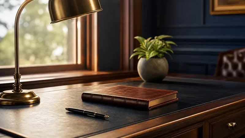 Closed ledger, pen and desk lamp on a desk, Kentucky Limited Liability Entity Tax