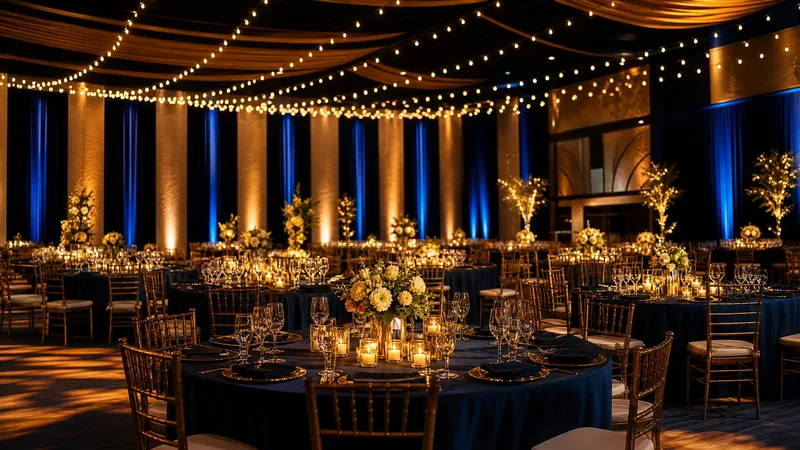 Elegant event hall set with round tables and string lights, How to Start a Wedding Barn or Farm Event Venue in Kentucky